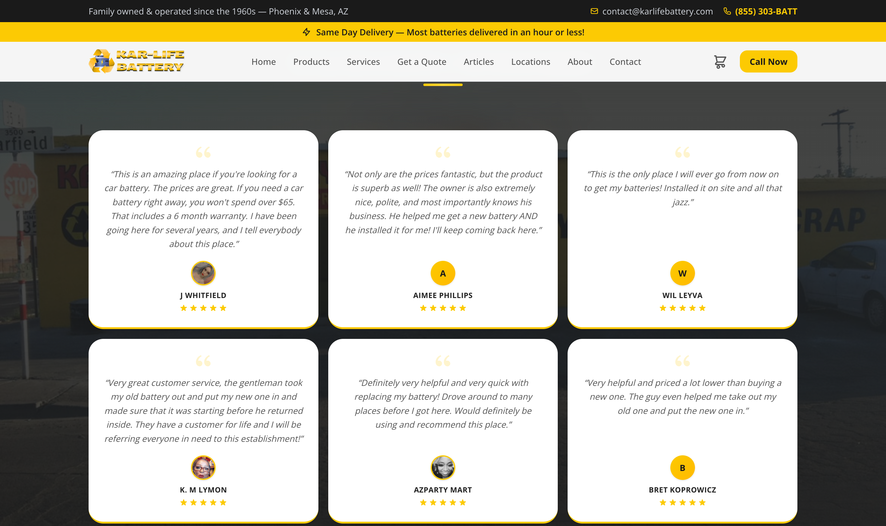 Kar-Life Battery testimonials and trust bar