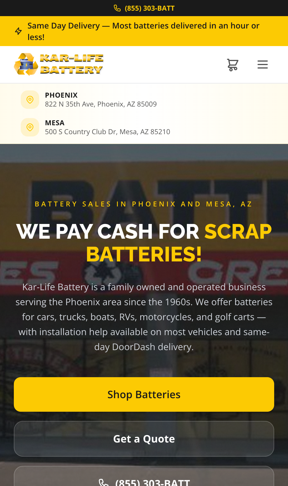 Kar-Life Battery mobile responsive homepage