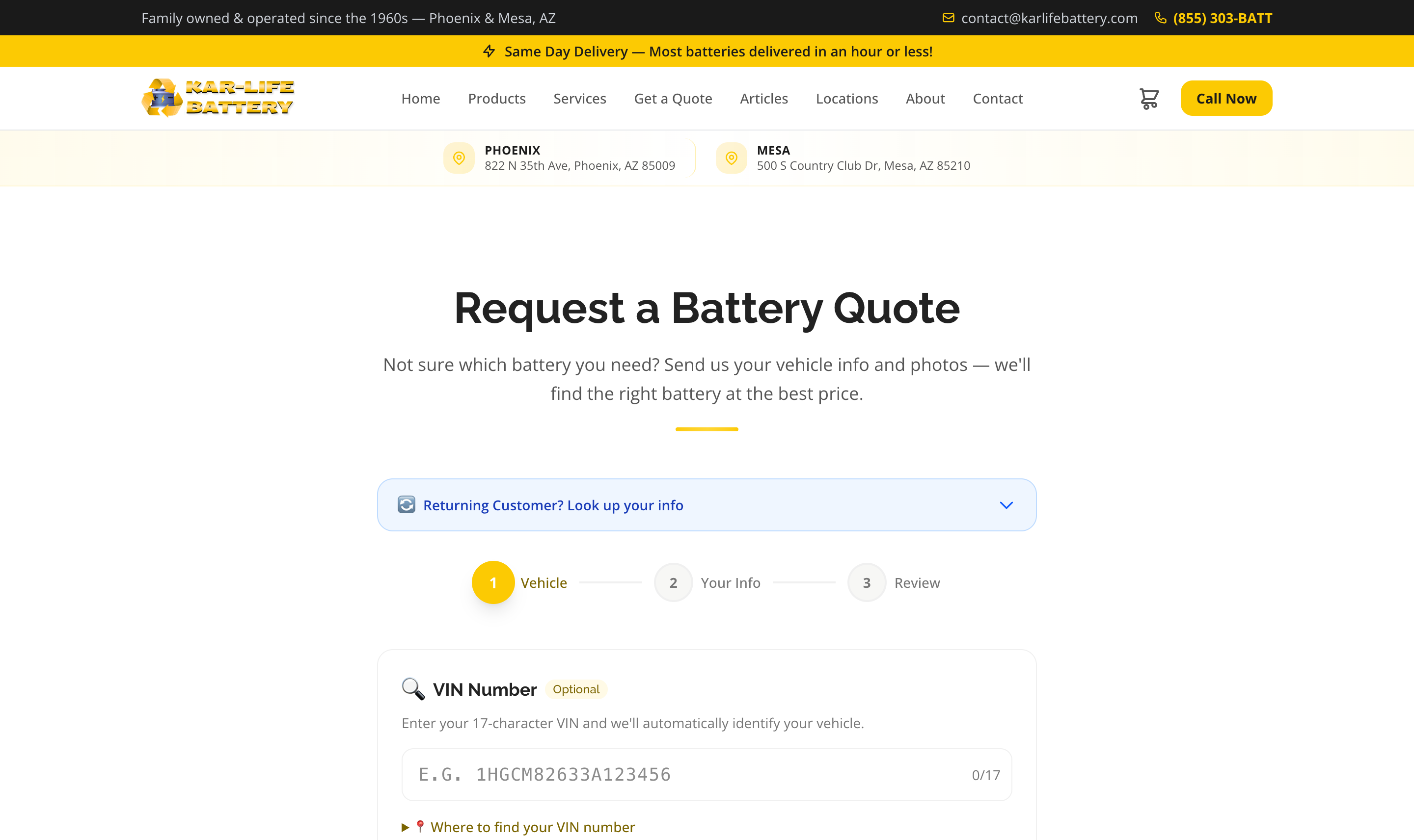 Kar-Life Battery quote form with VIN decoder