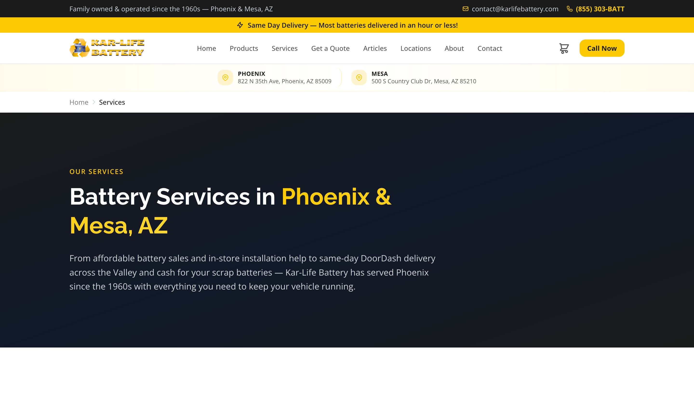 Kar-Life Battery services page